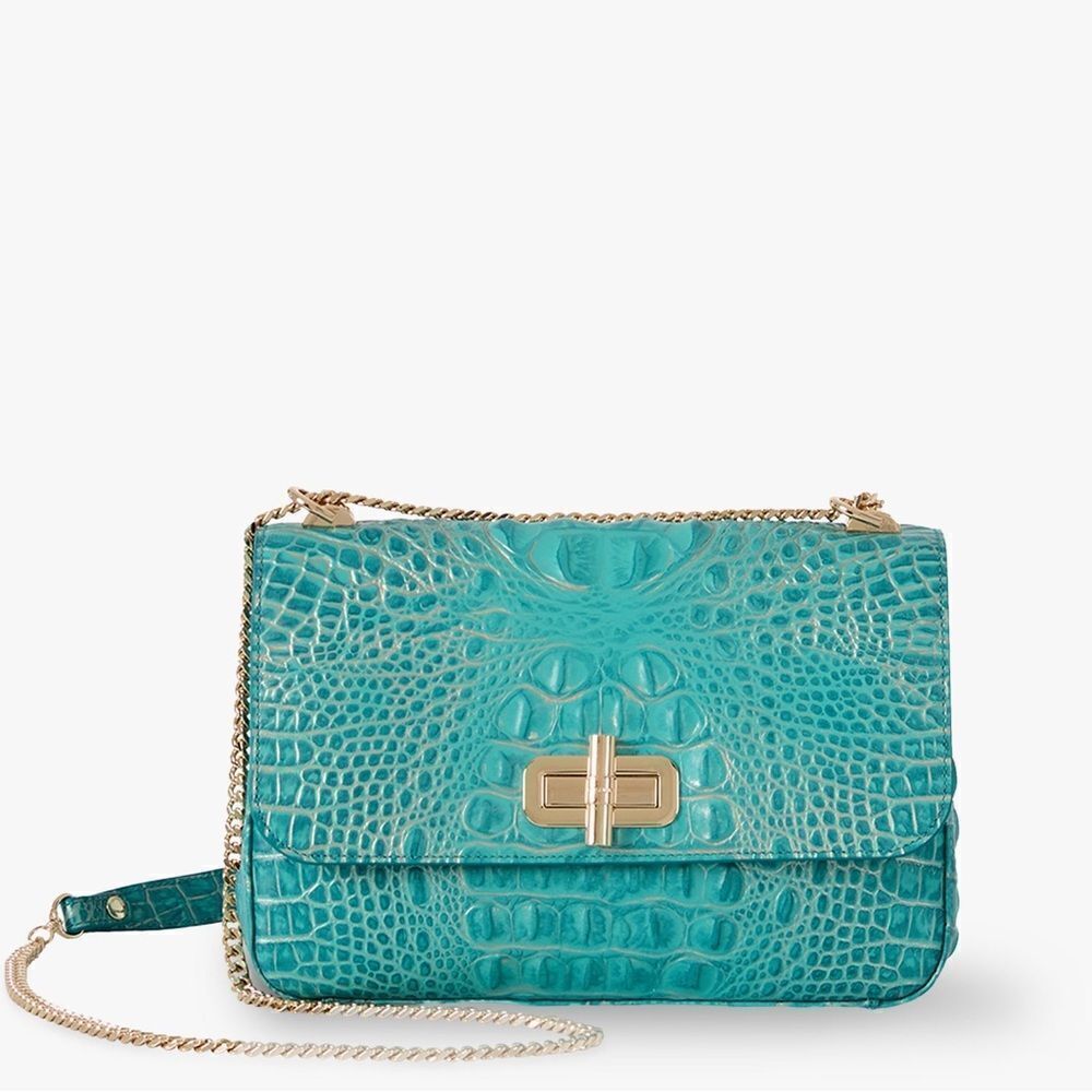 Brahmin Teal Croc-Embossed Leather Crossbody with Gold Chain